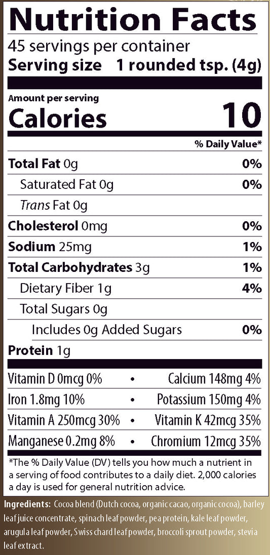 CoCoa LeafGreens Nutrition facts label including Vitamin A, Vitamin K, and Chromium.  Includes a Cocoa blend, barley juice concentrate, spinach, kale arugula Swiss chard, and broccoli sprout powders.