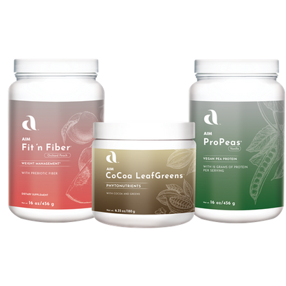 Three powder containers - 'Fit n Fiber', 'CoCoa LeafGreens', and 'ProPeas' giving you fiber, nutrition, and protein.