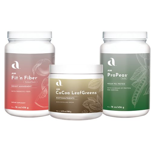 Three powder containers - 'Fit n Fiber', 'CoCoa LeafGreens', and 'ProPeas' giving you fiber, nutrition, and protein.