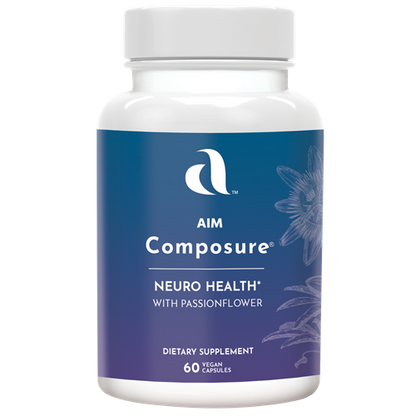AIM Composure supplement bottle for neuro health, with with Alfalfa extract leaf, marshmallow extract root, Oatstraw extract straw, passionflower extract flower, Irish moss plant, Shavegrass leaves, slippery elm bark, yucca root.