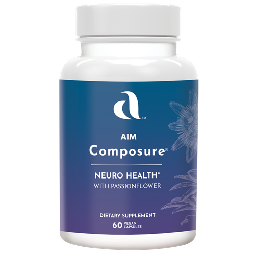 AIM Composure supplement bottle for neuro health, with with Alfalfa extract leaf, marshmallow extract root, Oatstraw extract straw, passionflower extract flower, Irish moss plant, Shavegrass leaves, slippery elm bark, yucca root.