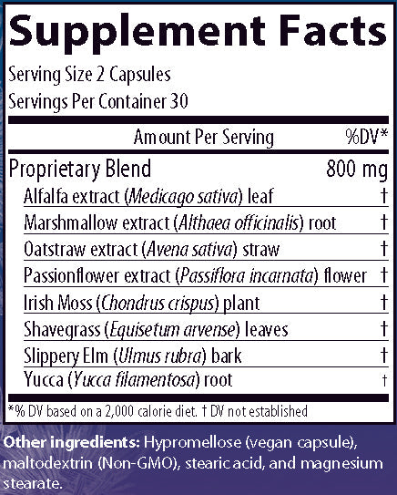 Composure supplement facts label with Alfalfa extract leaf, marshmallow extract root, Oatstraw extract straw, passionflower extract flower, Irish moss plant, Shavegrass leaves, slippery elm bark, yucca root.