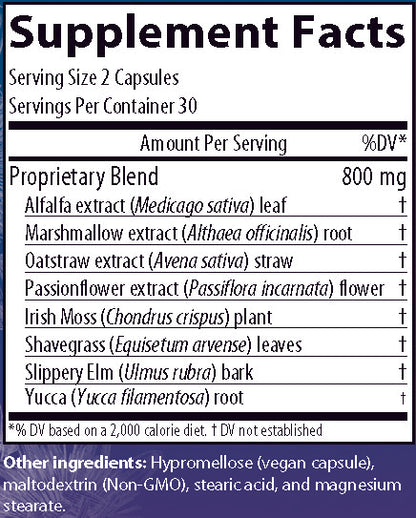 Composure supplement facts label with Alfalfa extract leaf, marshmallow extract root, Oatstraw extract straw, passionflower extract flower, Irish moss plant, Shavegrass leaves, slippery elm bark, yucca root.