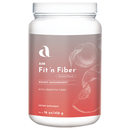 AIM Fit 'n Fiber dietary supplement container labeled with prebiotic fiber.  Helps support weight management.  Contains Acacia fiber gum, Apple fiber fruit, Oat fiber hull, Psyllium fiber husk, Konjac fiber tuber, Flax seed fiber, Bitter melon powder fruit, Dandelion powder root, Ginger root powder rhizome, Artichoke extract leaf.