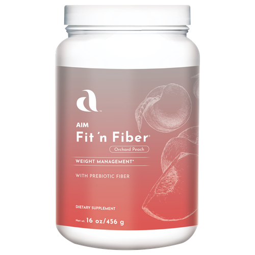 AIM Fit 'n Fiber dietary supplement container labeled with prebiotic fiber.  Helps support weight management.  Contains Acacia fiber gum, Apple fiber fruit, Oat fiber hull, Psyllium fiber husk, Konjac fiber tuber, Flax seed fiber, Bitter melon powder fruit, Dandelion powder root, Ginger root powder rhizome, Artichoke extract leaf.