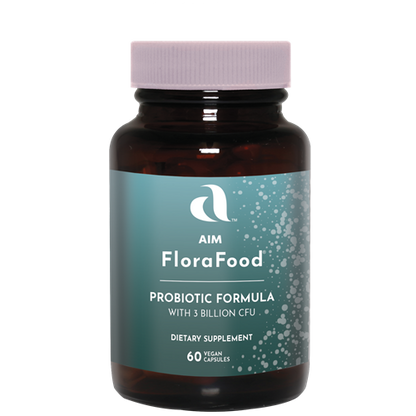 AIM FloraFood probiotic dietary supplement bottle with 3 billion CFU including  Lactobacillus gasseri, Bifidobacterium bifidum, and Bifidobacterium longum.