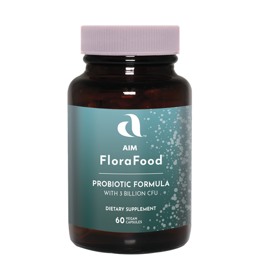 AIM FloraFood probiotic dietary supplement bottle with 3 billion CFU including  Lactobacillus gasseri, Bifidobacterium bifidum, and Bifidobacterium longum.
