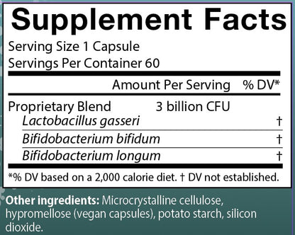 FloraFood dietary supplement facts label with bacterial content and ingredients listed including Lactobacillus gasseri, Bifidobacterium bifidum, and Bifidobacterium longum.