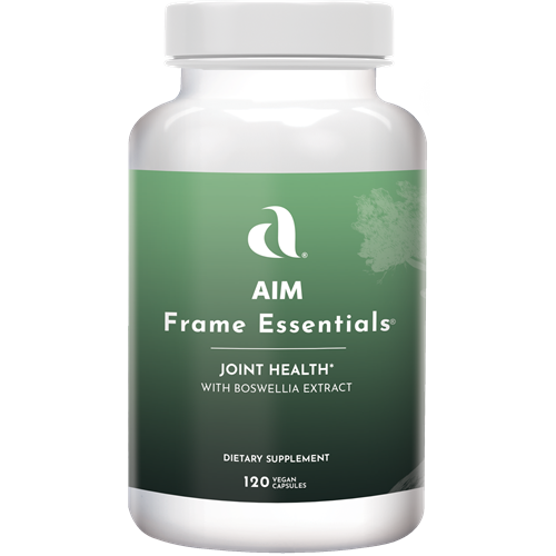 AIM Frame Essentials supplement bottle for joint health with Glucosamine complex, Boswellia extract, and Methylsulfonylmethane.
