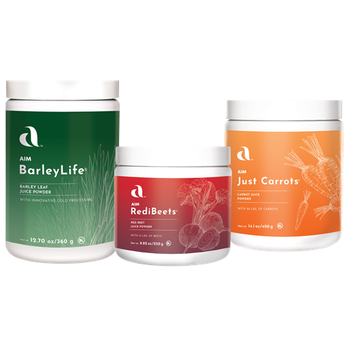 AIM Garden Trio containers of AIM BarleyLife, RediBeets, and Just Carrots.