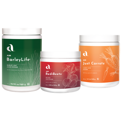AIM Garden Trio containers of AIM BarleyLife, RediBeets, and Just Carrots.