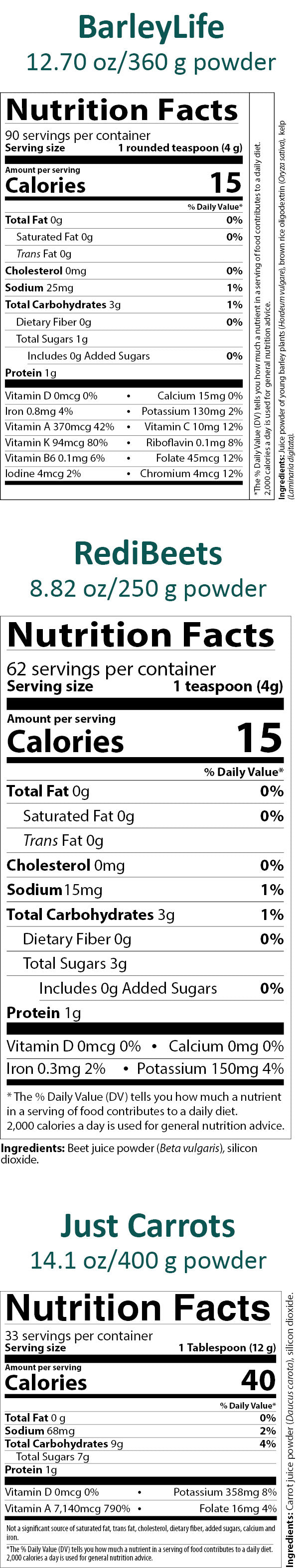 AIM Garden Trio nutrition facts labels for BarleyLife, RediBeets, and Just Carrots products.
