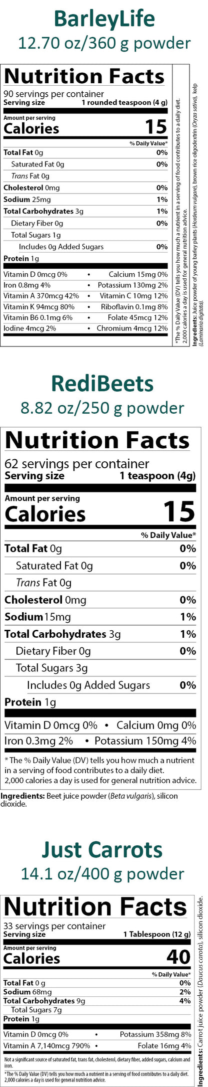 AIM Garden Trio nutrition facts labels for BarleyLife, RediBeets, and Just Carrots products.