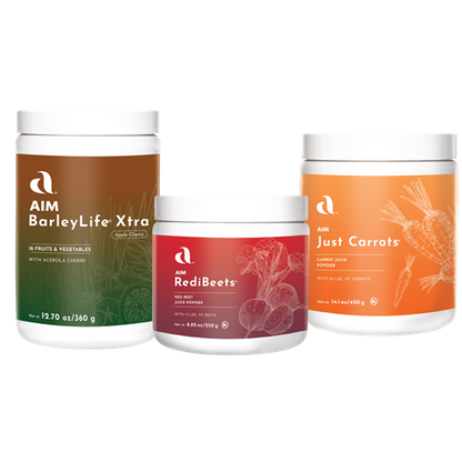 AIM Garden Trio with AIM BarleyLife Xtra, RediBeets, and Just Carrots.