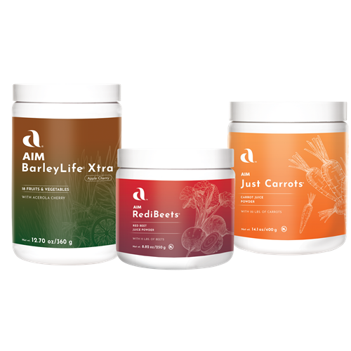 AIM Garden Trio with AIM BarleyLife Xtra, RediBeets, and Just Carrots.