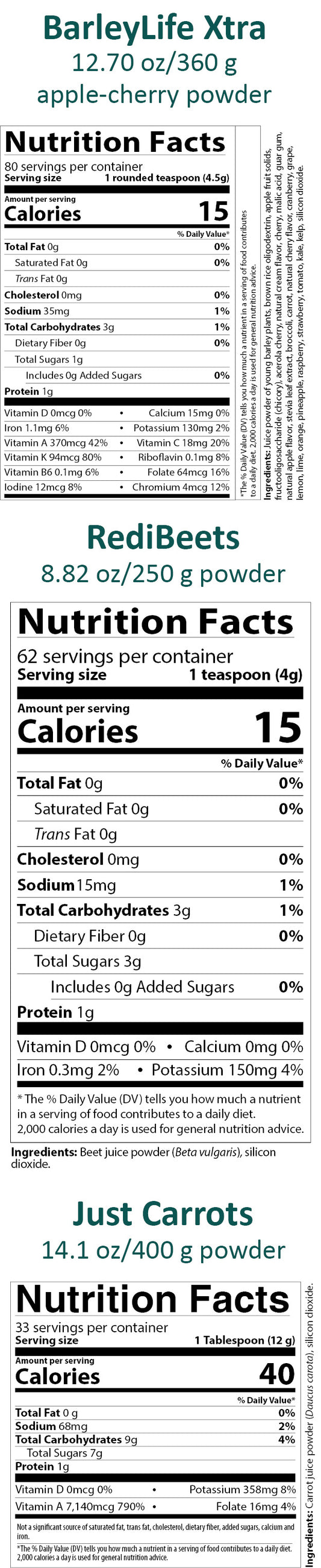 Garden_Trio Xtra dietary nutrition facts label for BarleyLife Xtra, RediBeets, and Just Carrots products.