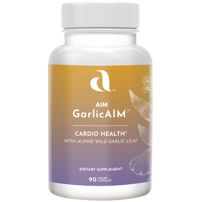 AIM GarlicAIM dietary supplement bottle for cardio health containing  garlic extract bulb, fermented black garlic bulb, and alpine wild garlic leaf.