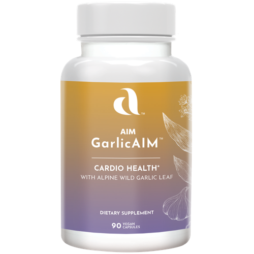 AIM GarlicAIM dietary supplement bottle for cardio health containing  garlic extract bulb, fermented black garlic bulb, and alpine wild garlic leaf.