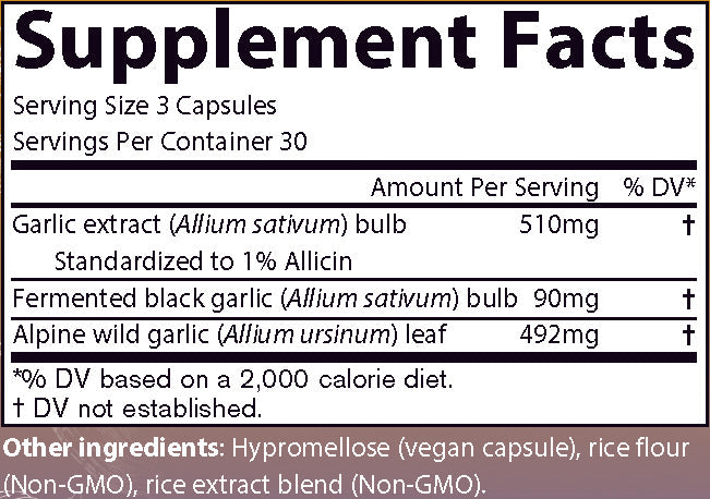AIM GarlicAIM supplement facts label with garlic extract bulb, fermented black garlic bulb, and alpine wild garlic leaf.