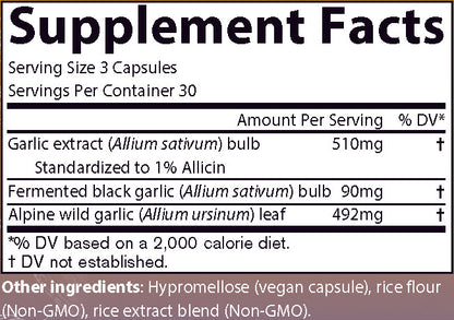 AIM GarlicAIM supplement facts label with garlic extract bulb, fermented black garlic bulb, and alpine wild garlic leaf.