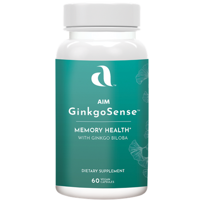 AIM GinkgoSense dietary supplement bottle for memory health with Ginkgo biloba extract leaf, Curcumin extract root, Marigold extract flower, Ashwagandha root, Ginger root, & Black pepper extract fruit.