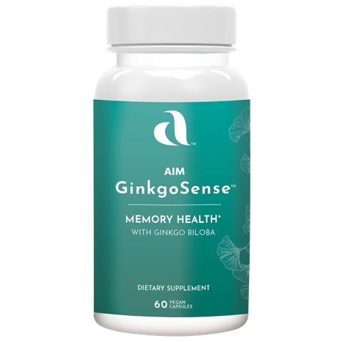 AIM GinkgoSense dietary supplement bottle for memory health with Ginkgo biloba extract leaf, Curcumin extract root, Marigold extract flower, Ashwagandha root, Ginger root, & Black pepper extract fruit.