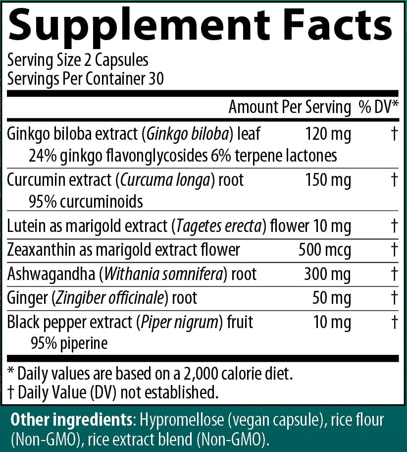 AIM GinkgoSense supplement facts label with Ginkgo biloba extract leaf, Curcumin extract root, Marigold extract flower, Ashwagandha root, Ginger root, & Black pepper extract fruit.