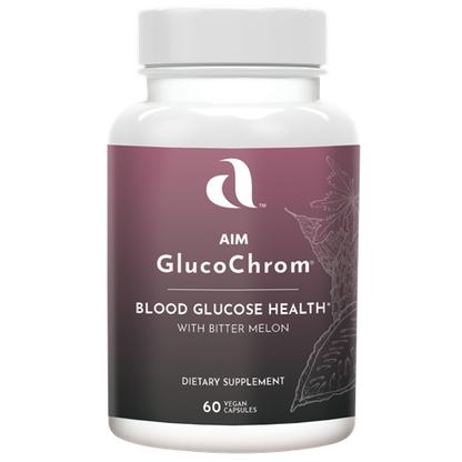 AIM GlucoChrom dietary supplement bottle for blood glucose health containing  Chromium, vanadium, bitter melon fruit, and gymnema extract leaves