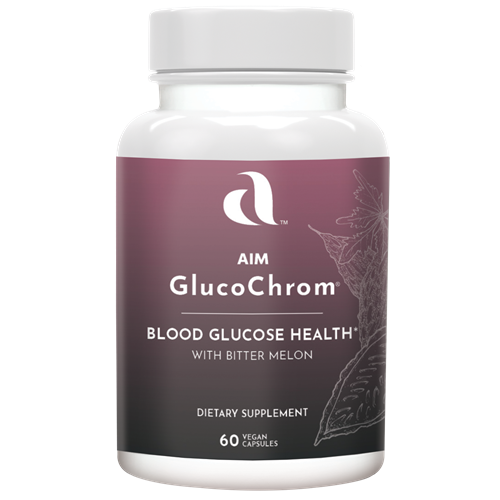AIM GlucoChrom dietary supplement bottle for blood glucose health containing  Chromium, vanadium, bitter melon fruit, and gymnema extract leaves