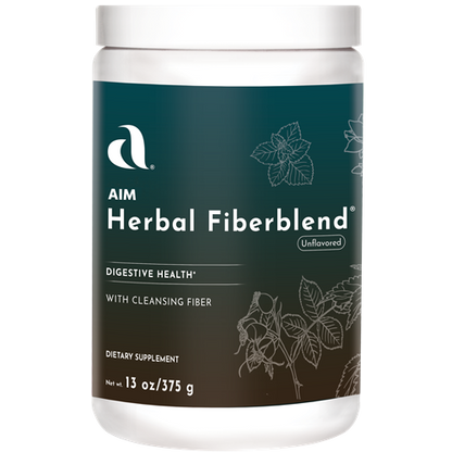 AIM Herbal Fiberblend dietary supplement for digestive health, containing cleansing fiber including Psyllium husk, Black Walnut hulls, Hibiscus flowers, Alfalfa leaves, Licorice root, Shavegrass leaves, Cascara Sagrada bark, Rose Hips fruit, Oatstraw straw, Pumpkin seed, Irish Moss plant, Yucca root, Marshmallow root, Passionflower plant, Capsicum fruit, Mullein leaves, Slippery Elm bark, Violet leaves, and Witch Hazel leaves.