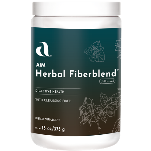 AIM Herbal Fiberblend dietary supplement for digestive health, containing cleansing fiber including Psyllium husk, Black Walnut hulls, Hibiscus flowers, Alfalfa leaves, Licorice root, Shavegrass leaves, Cascara Sagrada bark, Rose Hips fruit, Oatstraw straw, Pumpkin seed, Irish Moss plant, Yucca root, Marshmallow root, Passionflower plant, Capsicum fruit, Mullein leaves, Slippery Elm bark, Violet leaves, and Witch Hazel leaves.