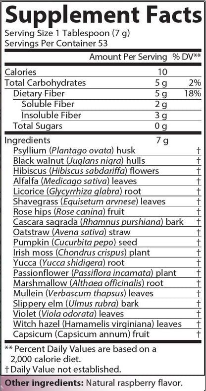 AIM Raspberry Herbal Fiberblend supplement facts label including   Psyllium husk, Black Walnut hulls, Hibiscus flowers, Alfalfa leaves, Licorice root, Shavegrass leaves, Cascara Sagrada bark, Rose Hips fruit, Oatstraw straw, Pumpkin seed, Irish Moss plant, Yucca root, Marshmallow root, Passionflower plant, Capsicum fruit, Mullein leaves, Slippery Elm bark, Violet leaves, Capsicum, and Witch Hazel