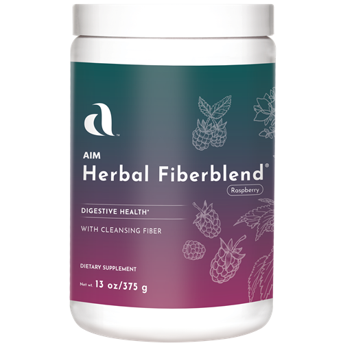 AIM Raspberry Herbal Fiberblend dietary supplement for digestive health, containing cleansing fiber including Psyllium husk, Black Walnut hulls, Hibiscus flowers, Alfalfa leaves, Licorice root, Shavegrass leaves, Cascara Sagrada bark, Rose Hips fruit, Oatstraw straw, Pumpkin seed, Irish Moss plant, Yucca root, Marshmallow root, Passionflower plant, Capsicum fruit, Mullein leaves, Slippery Elm bark, Violet leaves, and Witch Hazel leaves.