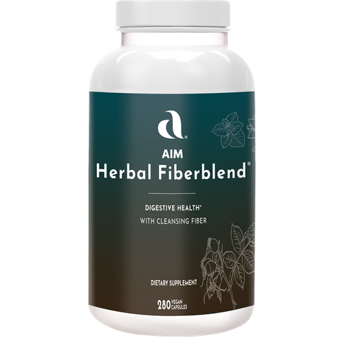 AIM Herbal Fiberblend capsule dietary supplement for digestive health, containing cleansing fiber including Psyllium husk, Black Walnut hulls, Hibiscus flowers, Alfalfa leaves, Licorice root, Shavegrass leaves, Cascara Sagrada bark, Rose Hips fruit, Oatstraw straw, Pumpkin seed, Irish Moss plant, Yucca root, Marshmallow root, Passionflower plant, Capsicum fruit, Mullein leaves, Slippery Elm bark, Violet leaves, and Witch Hazel leaves.
