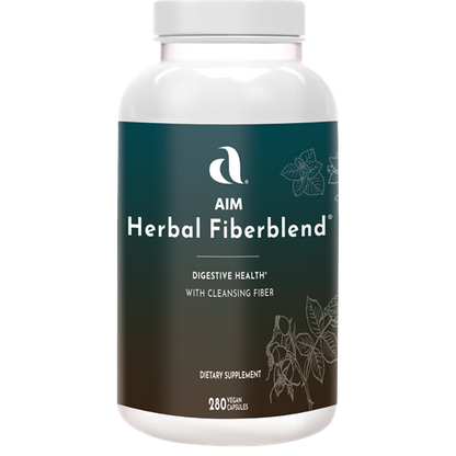 AIM Herbal Fiberblend capsule dietary supplement for digestive health, containing cleansing fiber including Psyllium husk, Black Walnut hulls, Hibiscus flowers, Alfalfa leaves, Licorice root, Shavegrass leaves, Cascara Sagrada bark, Rose Hips fruit, Oatstraw straw, Pumpkin seed, Irish Moss plant, Yucca root, Marshmallow root, Passionflower plant, Capsicum fruit, Mullein leaves, Slippery Elm bark, Violet leaves, and Witch Hazel leaves.