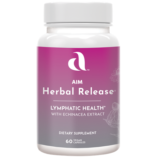 AIM Herbal Release dietary supplement for lymphatic health with Barberry root, Buckthorn bark, Cascara sagrada bark, Chickweed leaf, Dandelion root, Echinacea root extract, Gotukola extract, Atlantic kelp plant, licorice root, Parsley leaf, and Sarsaparilla root.