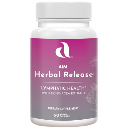 AIM Herbal Release dietary supplement for lymphatic health with Barberry root, Buckthorn bark, Cascara sagrada bark, Chickweed leaf, Dandelion root, Echinacea root extract, Gotukola extract, Atlantic kelp plant, licorice root, Parsley leaf, and Sarsaparilla root.