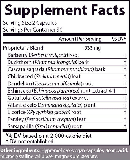 AIM Herbal Release supplement facts label with Barberry root, Buckthorn bark, Cascara sagrada bark, Chickweed leaf, Dandelion root, Echinacea root extract, Gotukola extract, Atlantic kelp plant, licorice root, Parsley leaf, and Sarsaparilla root.