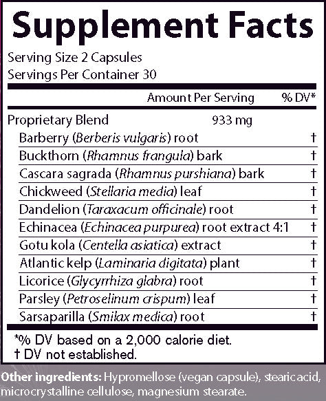 AIM Herbal Release supplement facts label with Barberry root, Buckthorn bark, Cascara sagrada bark, Chickweed leaf, Dandelion root, Echinacea root extract, Gotukola extract, Atlantic kelp plant, licorice root, Parsley leaf, and Sarsaparilla root.