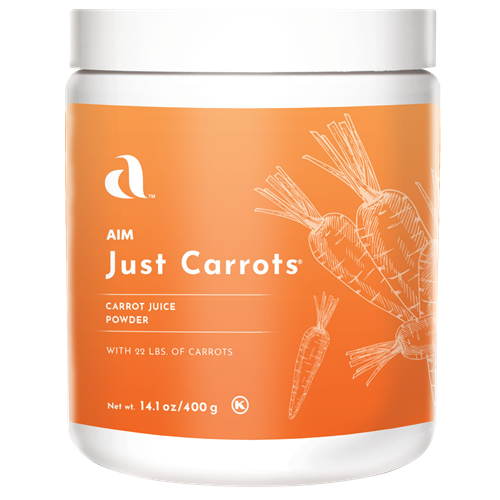 AIM Just Carrots juice powder containing 22 lbs of concentrated carrots, containing Beta-carotene, Potassium and Vitamin A.