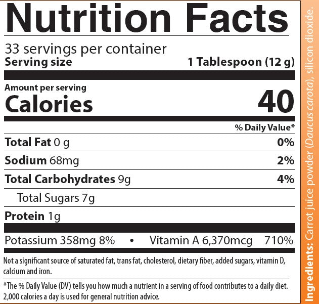 Aim Just Carrots nutrition facts label containing Beta-carotene, Potassium and Vitamin A.