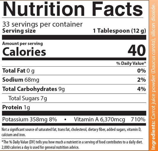 Aim Just Carrots nutrition facts label containing Beta-carotene, Potassium and Vitamin A.