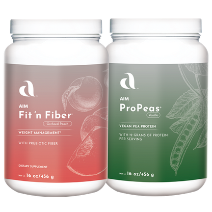 AIM Lean Team Combo with dietary supplement containers Fit 'n Fiber and ProPeas for fiber and protein.