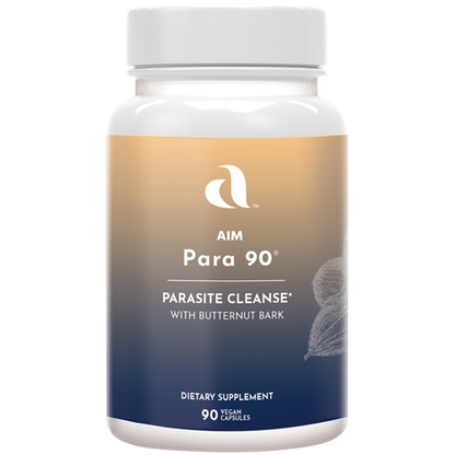 AIM Para 90 dietary supplement bottle for a parasite cleanse including Black walnut hulls, Ginger root, Chickweed plant, Bromelain enzyme, Butternut bark, Clove fruit, Cramp bark, Garlic root, Grapefruit seed extract, Neem leaf, Peppermint leaf, Pumpkin seed, Thyme leaf, and Whit Oak bark.