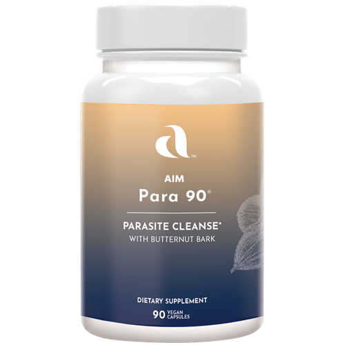 AIM Para 90 dietary supplement bottle for a parasite cleanse including Black walnut hulls, Ginger root, Chickweed plant, Bromelain enzyme, Butternut bark, Clove fruit, Cramp bark, Garlic root, Grapefruit seed extract, Neem leaf, Peppermint leaf, Pumpkin seed, Thyme leaf, and Whit Oak bark.