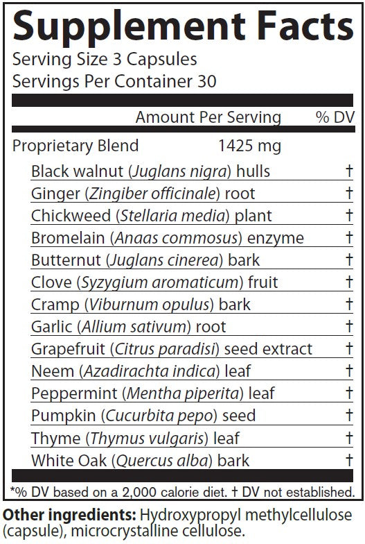 AIM Para 90 supplement facts label with detailed ingredient list including Black walnut hulls, Ginger root, Chickweed plant, Bromelain enzyme, Butternut bark, Clove fruit, Cramp bark, Garlic root, Grapefruit seed extract, Neem leaf, Peppermint leaf, Pumpkin seed, Thyme leaf, and Whit Oak bark.
