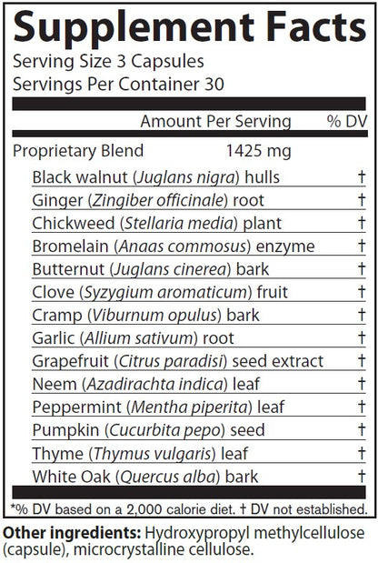 AIM Para 90 supplement facts label with detailed ingredient list including Black walnut hulls, Ginger root, Chickweed plant, Bromelain enzyme, Butternut bark, Clove fruit, Cramp bark, Garlic root, Grapefruit seed extract, Neem leaf, Peppermint leaf, Pumpkin seed, Thyme leaf, and Whit Oak bark.