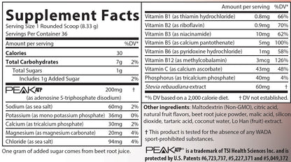 AIM Peak Endurance supplement facts label with detailed nutritional information including PEAK ATP, B1 -thiamin, B2 - riboflavin , B3 - niacinamide, B5 - calcium, B6 - pyridoxine hydrochloride, B12 - methylcobalamin, and vitamin C - calcium ascorbate