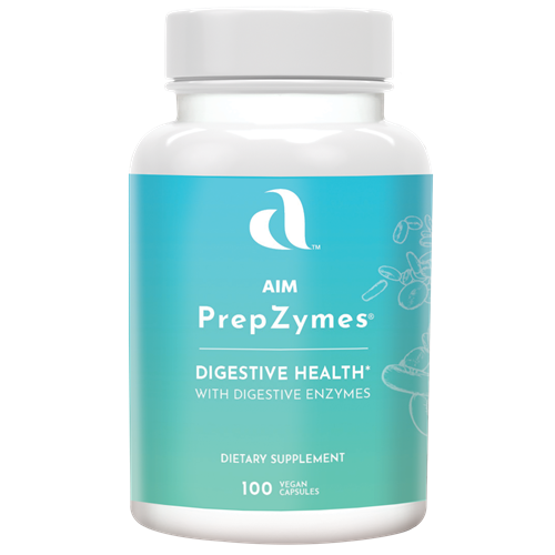 AIM PrepZymes dietary supplement bottle for digestive health with digestive enzymes, including Protease I, Protease II, Alpha/beta amylase, Lipase, Cellulase, Lactase, Maltase, Invertase, Papain, Alpine Wild Garlic, and Papaya fruit.