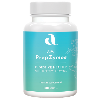 AIM PrepZymes dietary supplement bottle for digestive health with digestive enzymes, including Protease I, Protease II, Alpha/beta amylase, Lipase, Cellulase, Lactase, Maltase, Invertase, Papain, Alpine Wild Garlic, and Papaya fruit.
